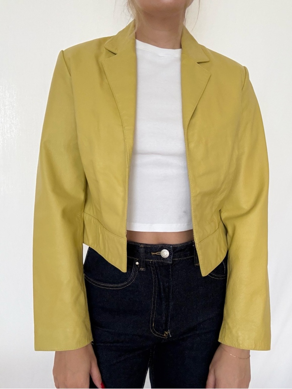 Newport News Cropped Lemon Yellow Leather Blazer